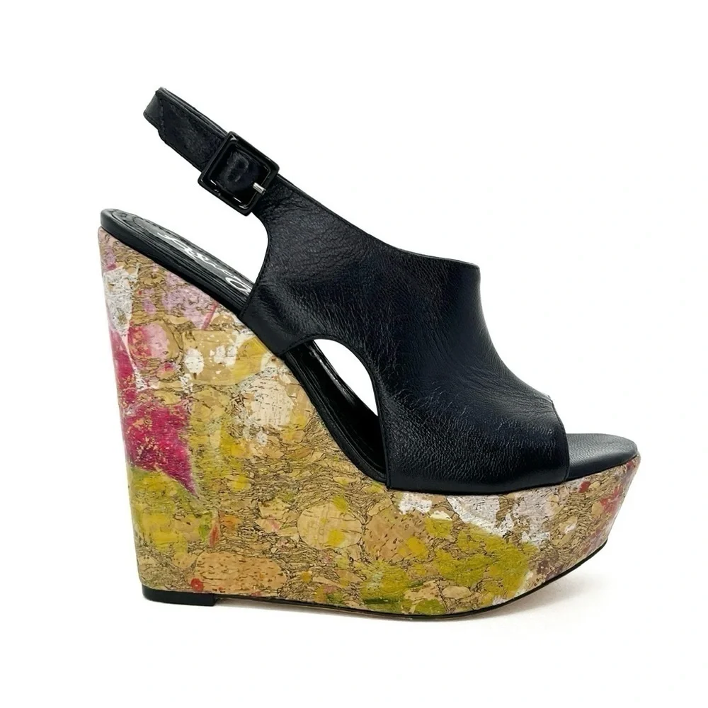 Alice + Olivia Sonia Platform Wedge Heels Black Leather Euro Size 37 = US 7 EUC